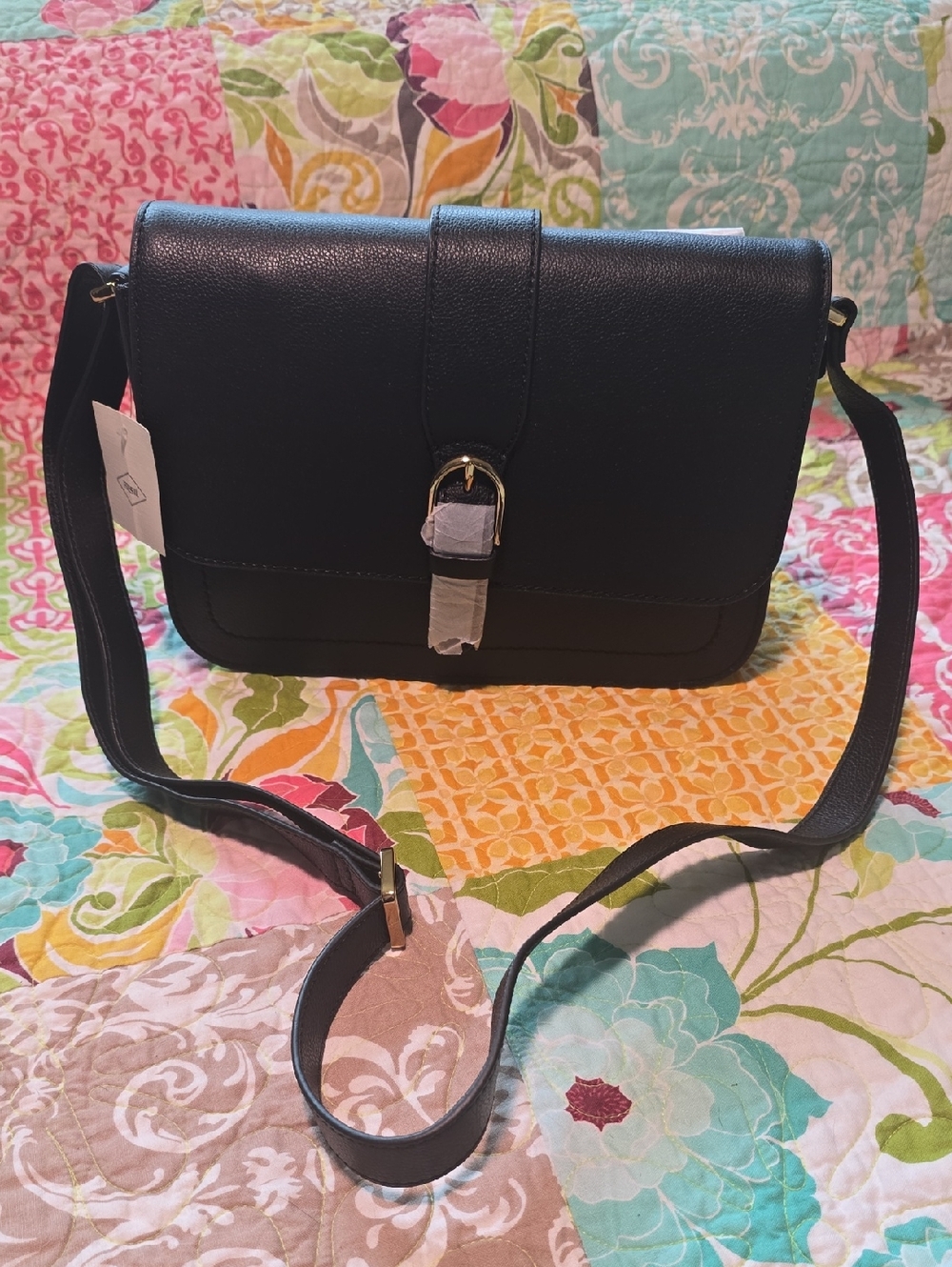 Fossil Black Pebbled Leather Crossbody Bag with Gold Buckle